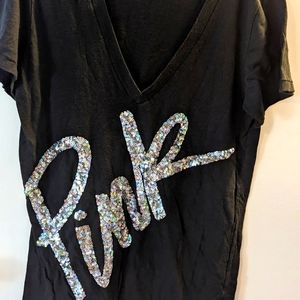 PINK Graphic Tee - Black with Silver Sequins, Size LG, Cotton